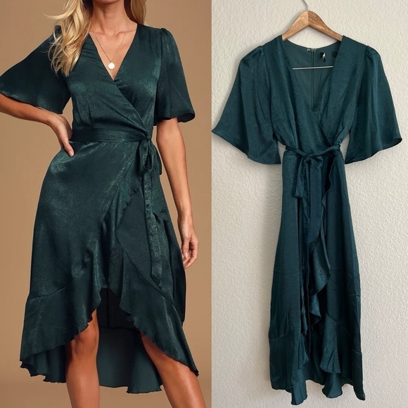 Lulus Dresses & Skirts - Wrapped Up In Love Dark Green Satin Faux-Wrap Midi Dress